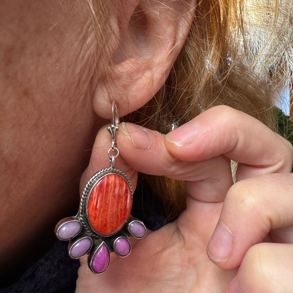 Sterling Navajo Spiney Oyster & Sugilite Drop Earrings - Picture 5 of 5